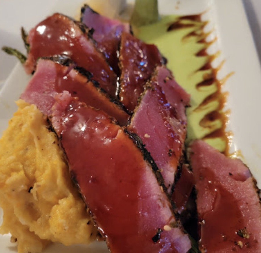 Seared rare ahi tuna over sweet potato mash
